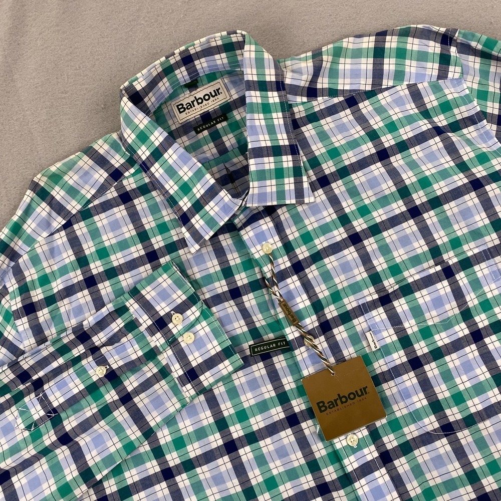 Barbour Mens Button shirt Large regular Fit Plaid Cotton Green blue NEW NWT